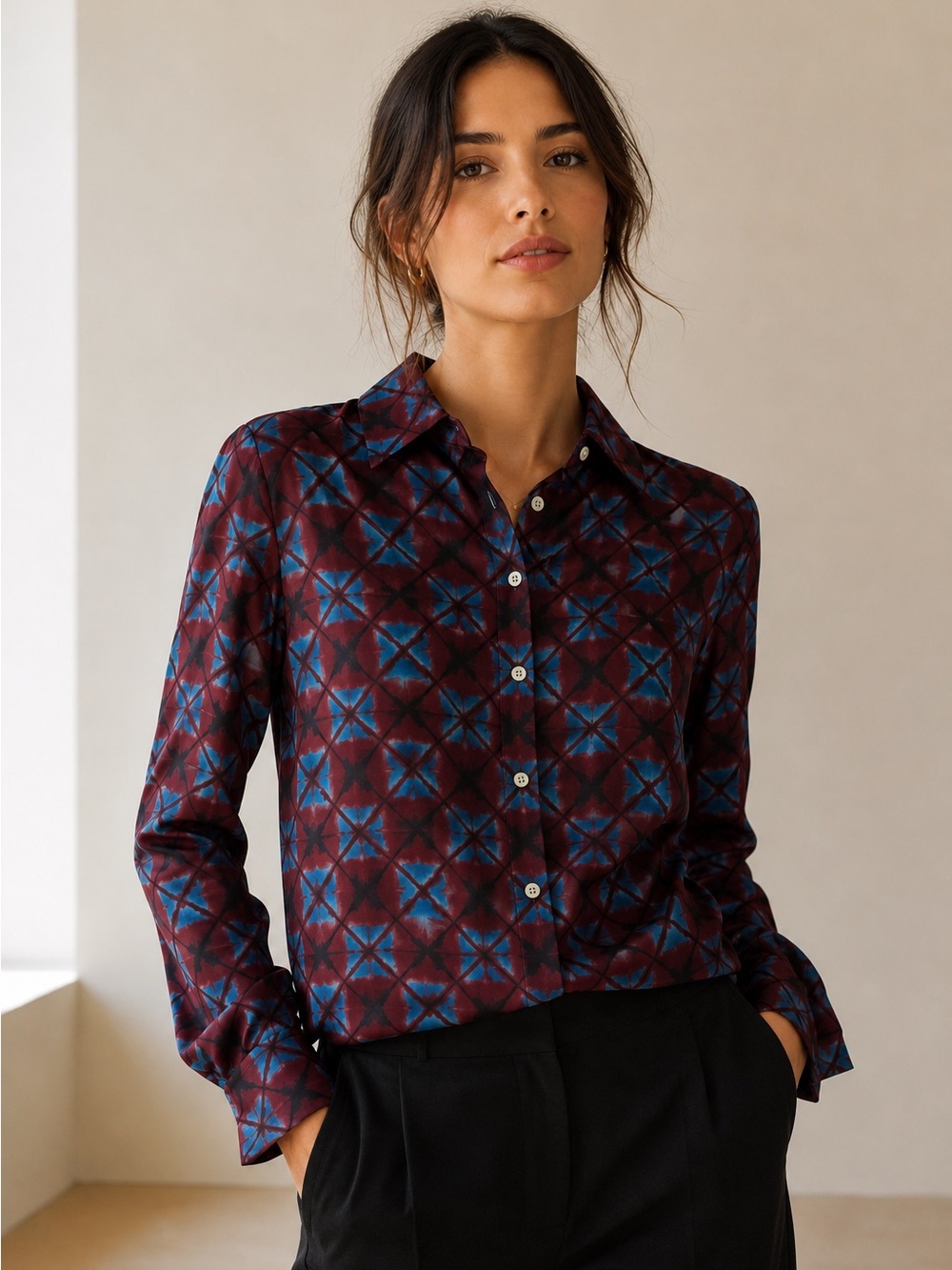NWT Stella Jean Italy 100% Silk Geometric Print Button Front Blouse EU42  US 8